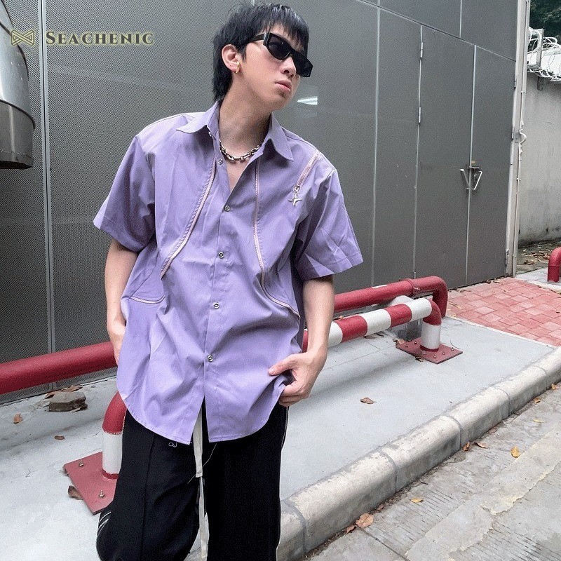 Seachenic Men เสื้อเชิ้ตดีไซน์ซิปโลหะสีม่วง High Street เสื้อเชิ้ตแขนสั้น