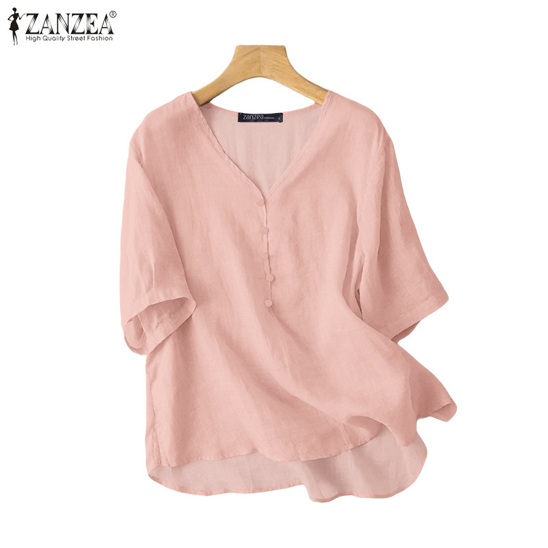 ZANZEA ซานเซีย ผู้หญิงแฟชั่นเกาหลีหลวมครึ่งแขนคอวีสีทึบชายหาด, เสื้อ - รูปที่ 2