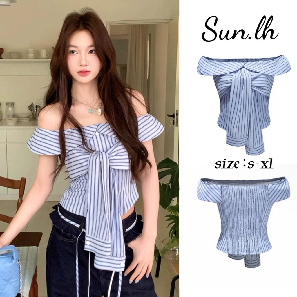 SUN🛍️พร้อมส่ง🛍️เสื้อสายเดี่ยวสีฟ้าสำหรับผู้หญิง สไตล์ซัมเมอร์ใหม่ แขนสั้น เข้ารูป สไตล์เกาหลี เสื้อเชิ้ตแนวชิคๆ