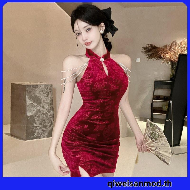 Kdkdp เซ็กซี่ สีไวน์แดง ยืนคอ ชุดเดรส ใหม่ จีน ปิดไหล่ ปรับปรุง Qipao เอวห่อสะโพก กระโปรงแยก กระโปรงสั้น