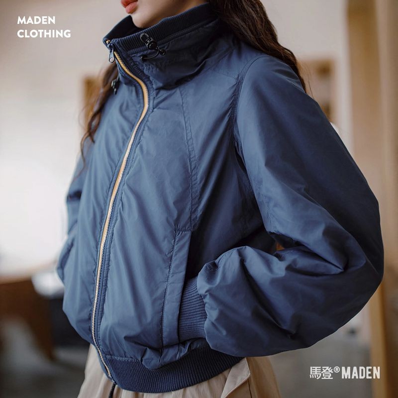 Maden Ribbed Stand-Up Collar Jacket อเมริกันชุดเบสบอล Quilted แคบ-เอวแจ็คเก็ต All-Match หนาผ้าฝ้าย-Padded แจ็คเก็ตฤดูใบไม้ร่วงฤดูหนาวผู้หญิง