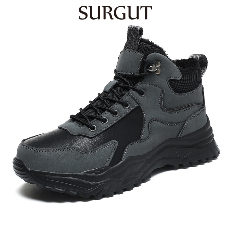 Surgut รองเท้าบูทหุ้มข้อผู้ชายหนังแฟชั่นลื่นสบายน้ําหนักเบา Man Snow Warm Plush รองเท้าขนาดใหญ่ 39-48
