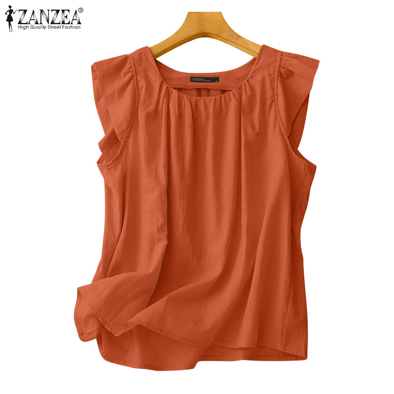 ZANZEA ซานเซีย ผู้หญิงเกาหลีลําลองแฟชั่นลูกเรือคอจีบเสื้อกั๊กแขนกุด