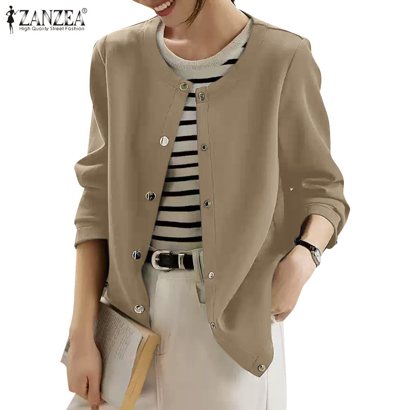 Zanzea เสื้อเบลเซอร์คอกลมแขนยาวลําลองสําหรับผู้หญิงทุกวัน Outwear