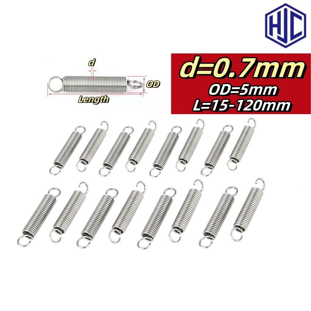 สแตนเลส 304 สปริงแรงดึง/สปริง d=0.7mm,OD5mm,L=15~120mm สปริงดึงพร้อมตะขอ ทาประตูโรงรถ bunnings, เครื่องแกว่งHJC1