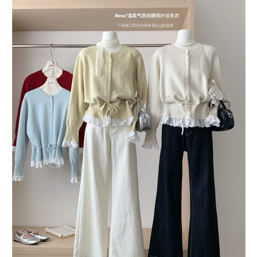 82000 คอกลม เชือกรูด เอวแคบเร้าใจถักเสื้อกันหนาวด้านบน