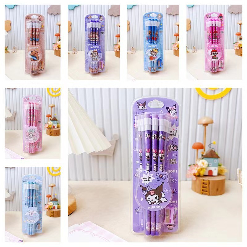 Sanrio Kuromi HB Pencils 12 Pencils & 1 Pencil Roller ชุดกล่องเครื่องเขียน,นักเรียนเขียนการวาดภาพดินสอ HB Sketch ปากกา