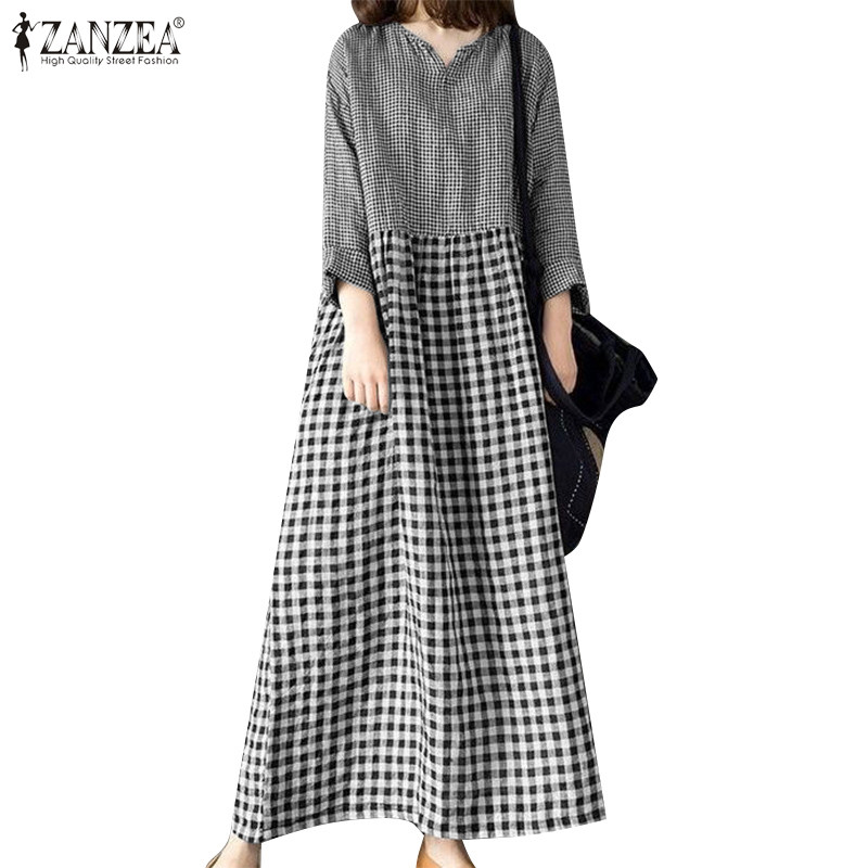 ZANZEA ซานเซีย ชุดเดรสยาวแขนยาวลายสก๊อตสําหรับสตรีทุกวัน