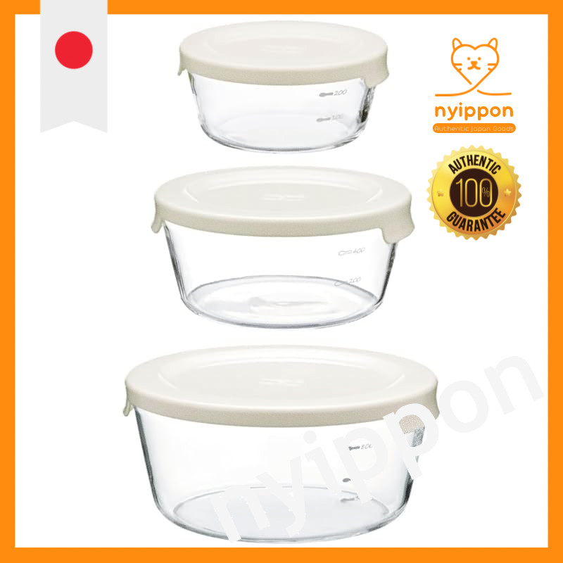 HARIO Heat-Resistant Glass Storage Container Set, Round S/M/L, White, Dishwasher Safe, Made in Japan