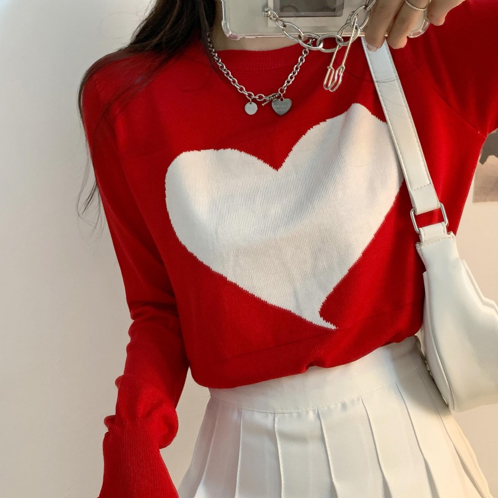 mimi&didi#สเวตเตอร์คริสต์มาส เสื้อไหมพรมแขนยาวสีแดง คอกลมถักลายหัวใจรูปใหญ่น่ารักมากๆ ผ้านุ่มไส่สบายสไตล์ยี่ปุ่น#9019