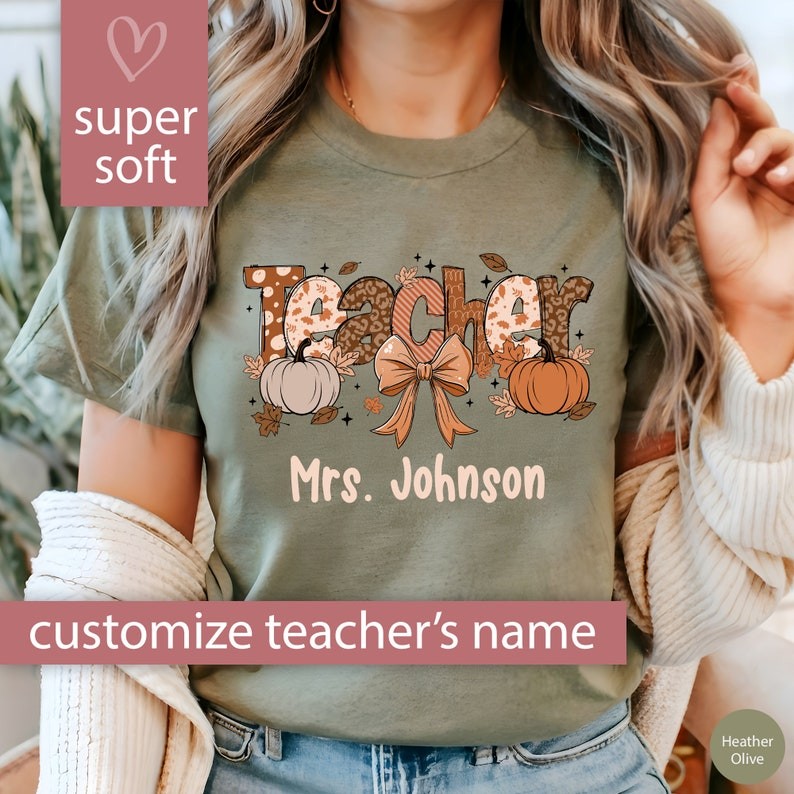 Custom Fall Teacher Shirt, Personalized Teacher Pumpkin Tshirt for Teacher Gift for Women, Fall Coqu