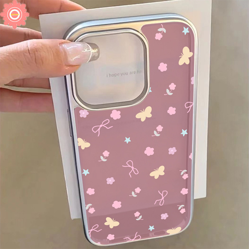 โรแมนติกแฟนตาซี Art Doodle ดอกไม้ผีเสื้อ Bow Knot สําหรับ IPhone 11 16 13 15 12 14 Pro Max 7Plus XR 7 15 14 8 Plus X XS Max SE 2020 หรูหรา Electroplated กรอบกรณี