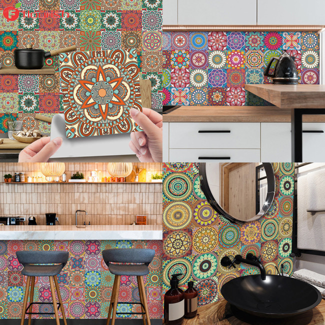 ลดล้างสต๊อก!! 24 ชิ้น Mandala สติกเกอร์กระเบื้อง Retro Colourful กันน้ําทนความร้อน Self-กาวกระเบื้องสติ๊กเกอร์ติดผนัง 15x15 ซม.