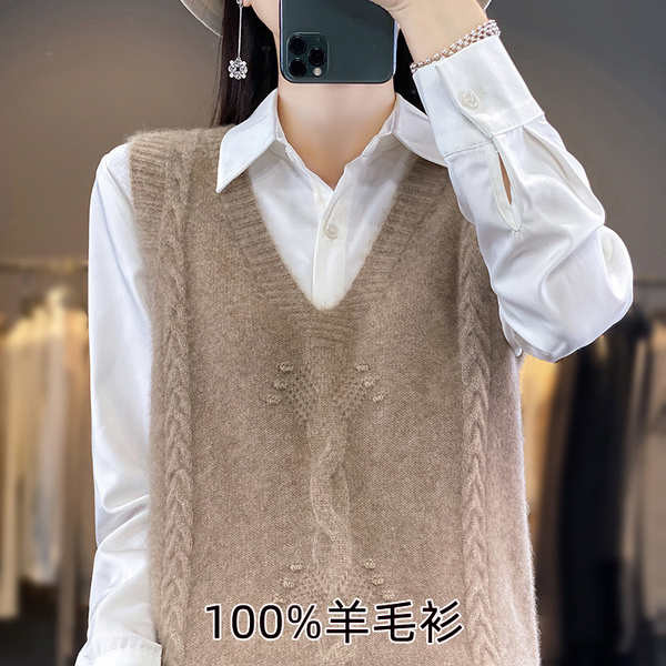 เสื้อกล้าม สายเดี่ยว 100 เสื้อกั๊กเสื้อกั๊กผ้าแคชเมียร์ผู้หญิงฤดูใบไม้ร่วงและฤดูหนาวหลวมคอวีบิดเสื้อสเวตเตอร์ถักขนสัตว์รุ่นเกาหลี
