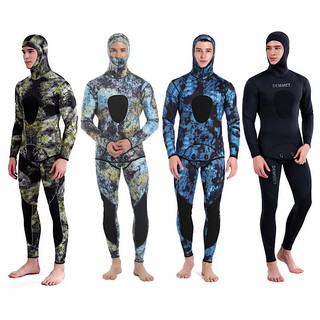 DEMMET Wetsuit Bertudung Kamuflase 3MM Pakaian Selam Neoprene Dua Potong untuk Menyelam Skuba Berenang Berburu Dalam Air Tetap Hangat dan Dingin