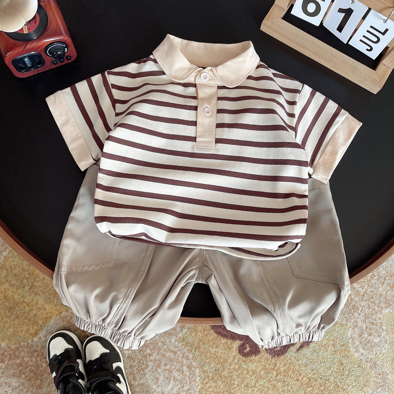 2ชิ้นชุดฤดูร้อนเด็กเสื้อผ้าเด็กชายเกาหลีแฟชั่นลายเสื้อแขนสั้น + กางเกงชุดเด็กบูติกเสื้อผ้า
