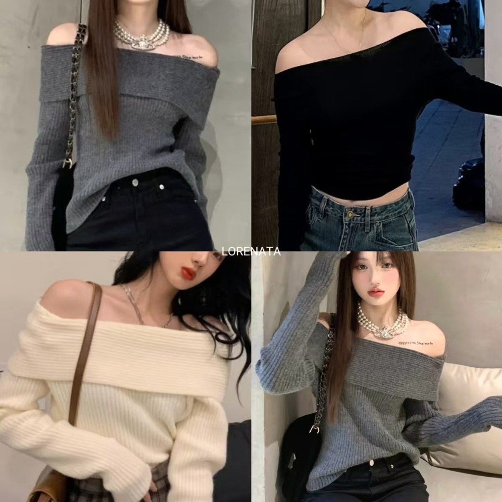 (จัดส่งด่วนจากกทม.) LORENATA ผู้หญิงสไตล์ใหม่ สีทึบปิดไหล่ เสื้อสเวตเตอร์ทรงเข้ารูป ถัก-Z287