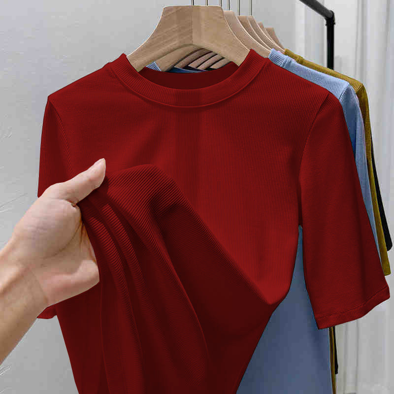 เสื้อยืดคอกลมแขนห้าส่วนแบบใหม่เสื้อแฟชั่นเข้ารูปใส่แล้วดูผอมเพรียว