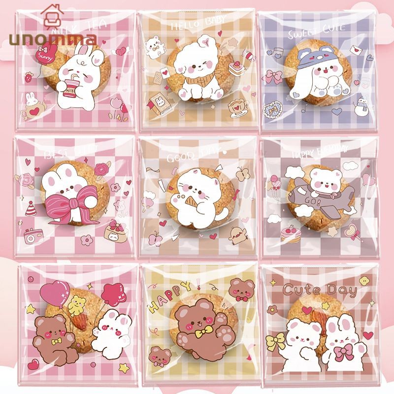 🎈100pcs ถุงฝากาวใส่คุกกี้ ถุงกาวตนเอง ถุงบรรจุภัณฑ์การ์ตูน น่ารักมาก!! unomma