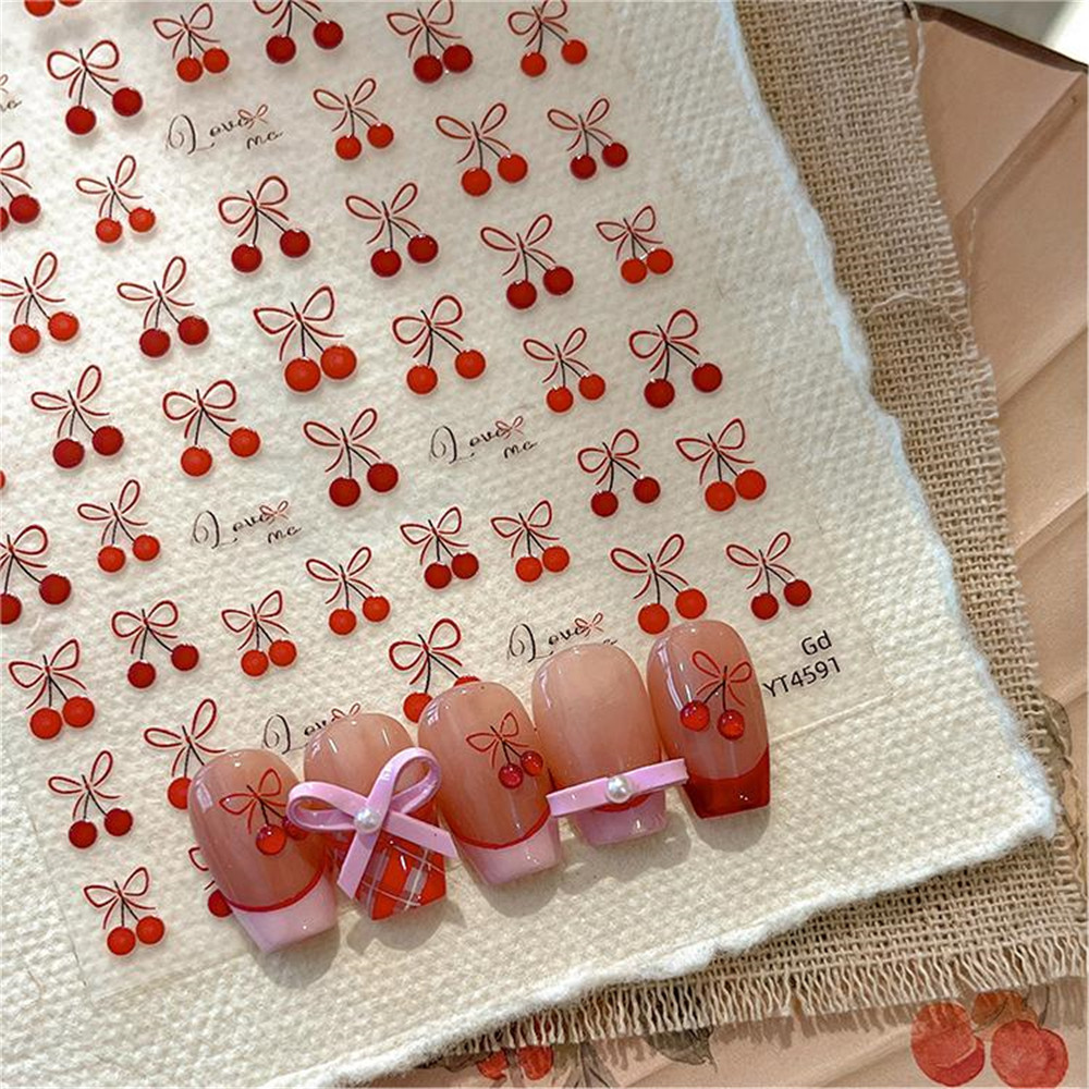 สติ๊กเกอร์โบว์เชอร์รี่ สติ๊กเกอร์เล็บโบว์สีแดงหวาน อุปกรณ์ตกแต่งเล็บ
