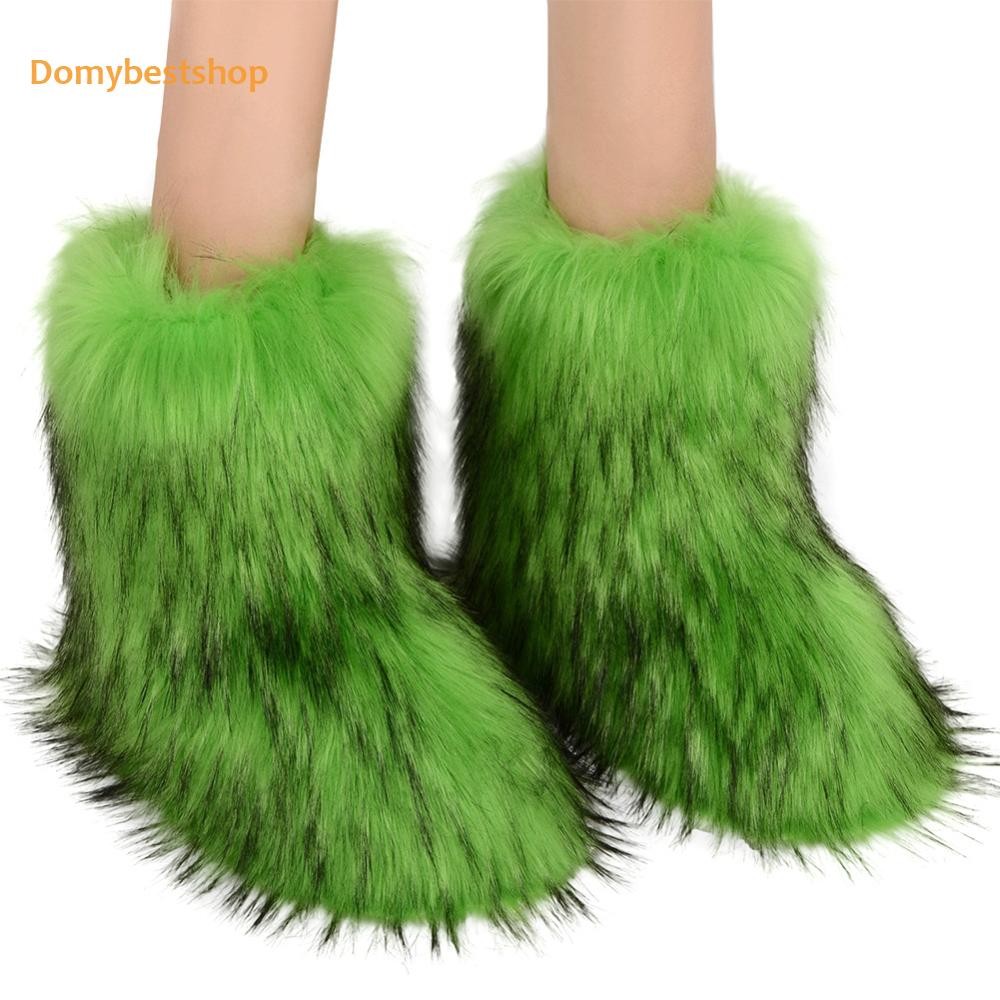 ผู้หญิง Furry Boots อบอุ่นสบาย Faux Fur Boots Snow Boots รองเท้าส้นแบนกลางแจ้ง [Domybestshop.th]