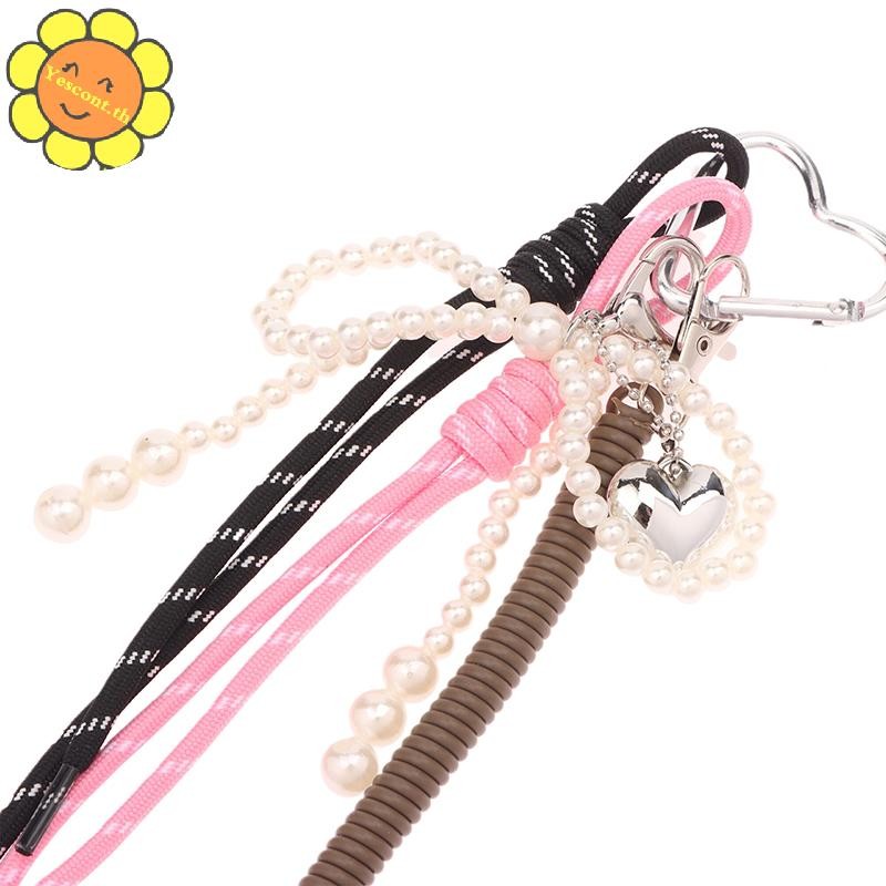 Yescont 1 ชิ้น Y2K แฟชั่น Pearl Bow Love กระเป๋าจี้เกาหลี Charm ไนลอน Handmade เชือกพวงกุญแจเครื่องประดับ DIY กีฬาสไตล์คู่ของขวัญ TH