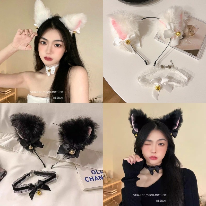 ที่คาดผมแมวคอสเพลย์สีดําสีขาว Bowknot Headwear ที่คาดผม