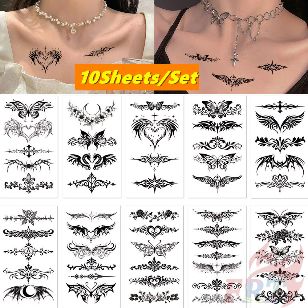 10แผ่น/ชุด ❤ สติ๊กเกอร์รอยสักชั่วคราว โทเท็ม สีดําสีขาว ❤ รอยสักกันน้ําสําหรับแขนเซ็กซี่กระดูกไหปลาร้าร่างกายศิลปะมือเท้า