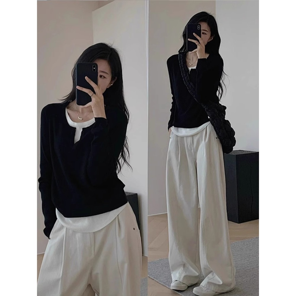 GAKKI เสื้อสเวตเตอร์ปลอมสองชิ้นคอวีผู้หญิง เสื้อไหมพรมแขนยาวกันหนาวทรงเข้ารูป 93026#