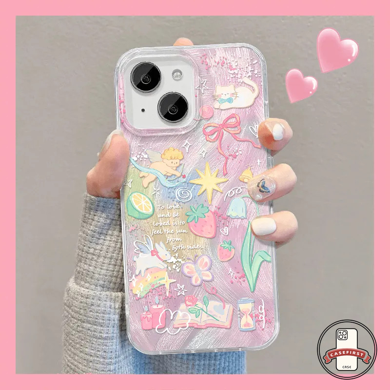 วินเทจกระต่ายน่ารักสตรอเบอร์รี่นุ่ม เคส IPhone 15 11 13 16 14 12 Pro Max 7Plus X XS MAX XR 7 14 15 8 16 Plus SE 2020