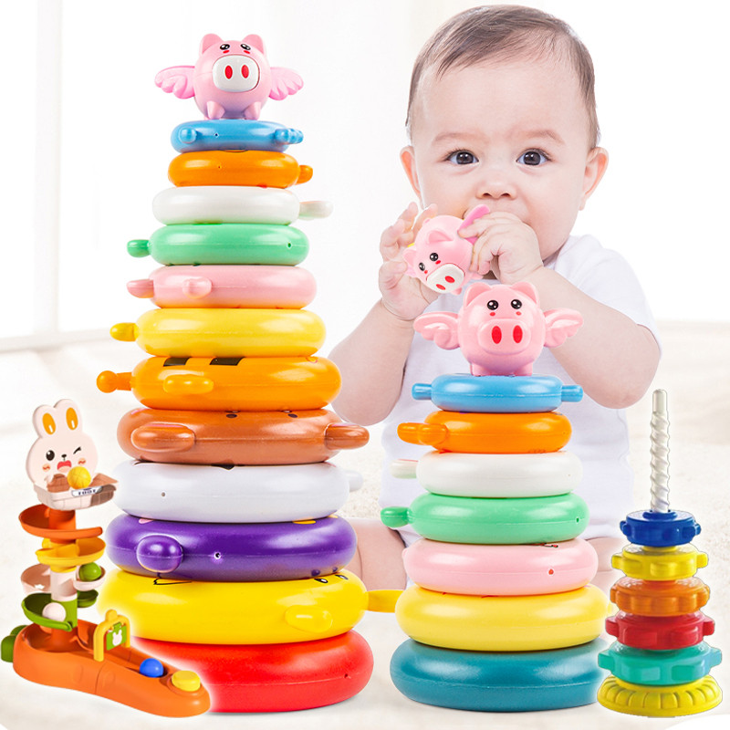 ห่วงเรียงซ้อน บล็อกตัวต่อหมุนรูปหอคอย ห่วงหลากสี เสริมพัฒนาการเด็ก ของเล่นเพื่อการศึกษา