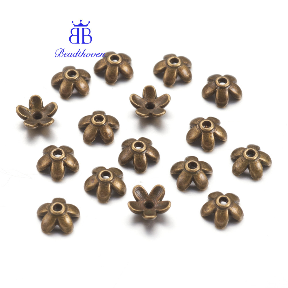 100ชิ้นสไตล์ทิเบตโลหะผสมสังกะสีลูกปัดหมวกตะกั่ว ฟรีแคดเมียม ฟรีและนิกเกิลฟรีดอกไม้สีบรอนซ์โบราณ6.5x3มิลลิเมตรหลุม: 1มิลลิเ