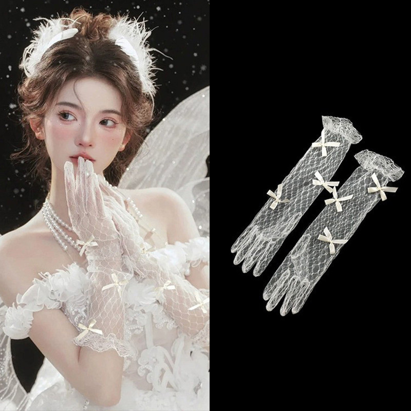 ลูกไม้แต่งงานถุงมือผู้หญิงสาวตาข่ายสีขาวดอกไม้ชุดอุปกรณ์เสริม