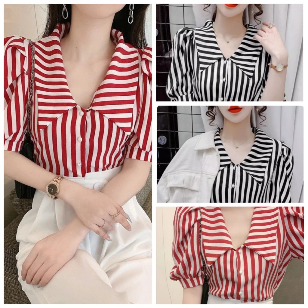 เสื้อเชิ้ตแขนสั้นแขนสั้นลายเส้นตรงสำหรับผู้หญิงช่องออกแบบฤดูร้อนใหม่เสื้อเชิ้ตหลวมและเพรียวบางจัดส่งในกรุงเทพฯ