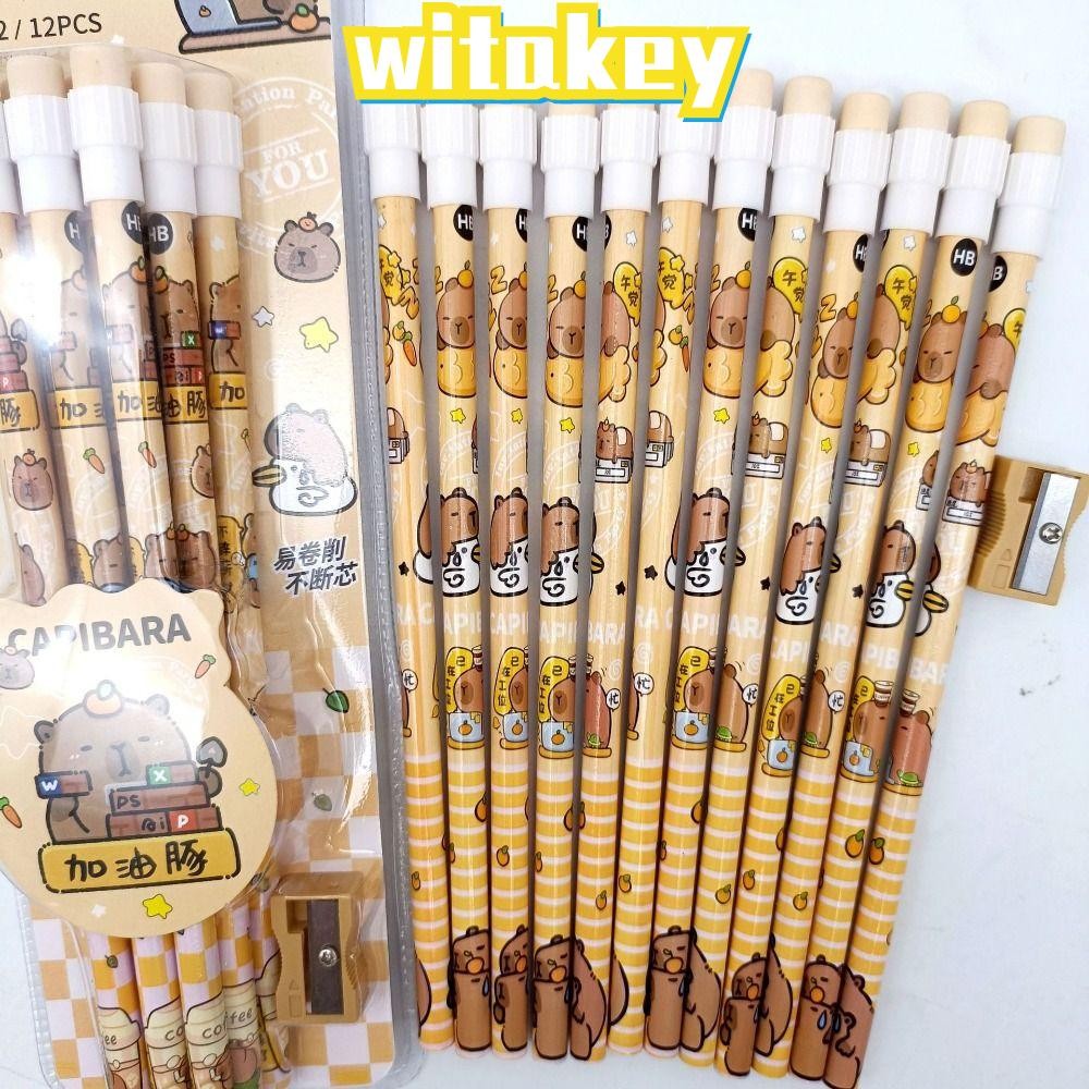 WITAKEY 12 ชิ้น Capybara HB ดินสอ, การ์ตูนพร้อมกบเหลาดินสอเขียนปากการ่าง, พร้อมยางลบชุดเครื่องเขียนนักเรียน