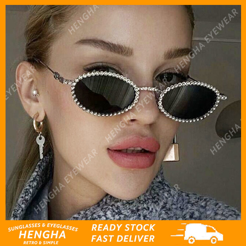 (เฮงฮา) เต็มเพชรรูปไข่กรอบสาวร้อนแว่นกันแดดผู้หญิงแว่นกันแดดย้อนยุค