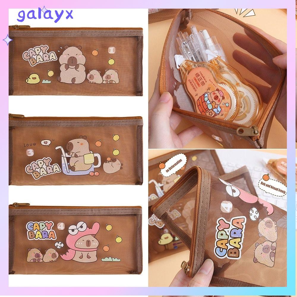 GALAYX กระเป๋าใส่ปากกา, ตาข่ายตาข่ายโปร่งใสถุงเก็บตาข่าย, ดินสอซิปความจุขนาดใหญ่ Capybara คุณภาพสูงนักเรียน