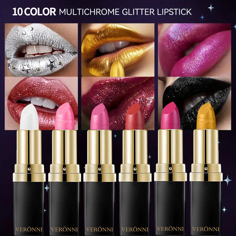 Veronni ลิปกลอสผสานลิปสติกดีไซน์เพชร 10 สี เนื้อประกายสวยงาม สีชัดเด่น ติดทนไม่หลุดง่าย เหมาะแต่งริมฝีปากให้ดูเซ็กซี่