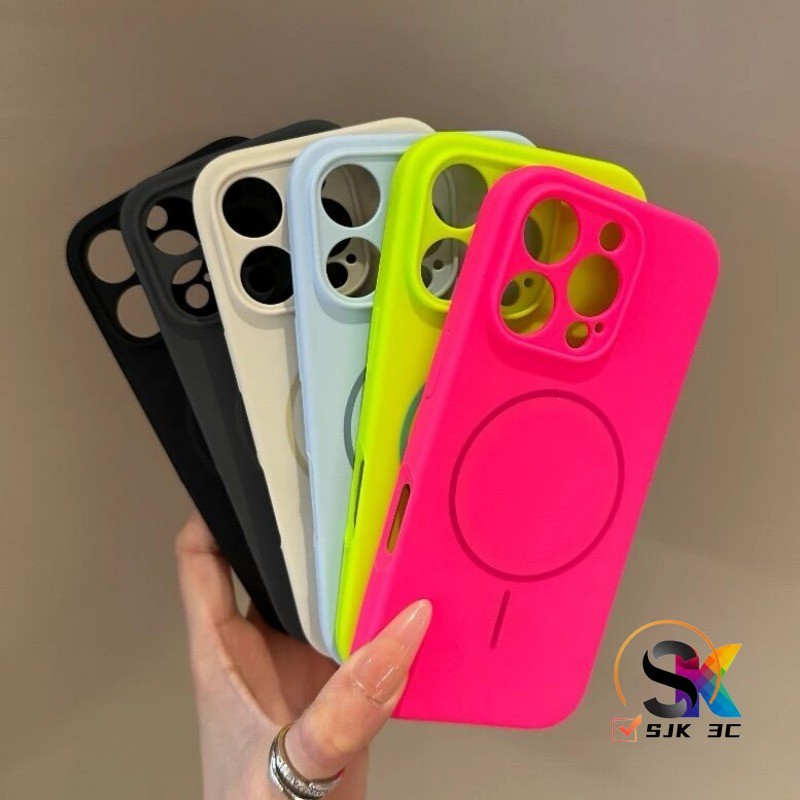 ใหม่เรืองแสงสีเขียวสีชมพู iP 16 Promax Fine วงกลมซิลิโคนแม่เหล็กเคสโทรศัพท์สําหรับ iPhone 16 15 14 13 12 Pro Max 14/15/16Plus ปลอกซิลิโคนกันกระแทกฝาครอบป้องกัน