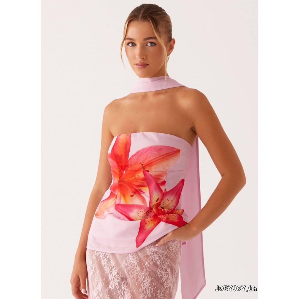 JOEYJOY-เสื้อชั้นในสตรีฤดูร้อนที่ไม่มีสายหนังแขนกุดพิมพ์ลายดอกไม้สลิมฟิต Bandeau พร้อมผ้าพันคอ - รูปที่ 4