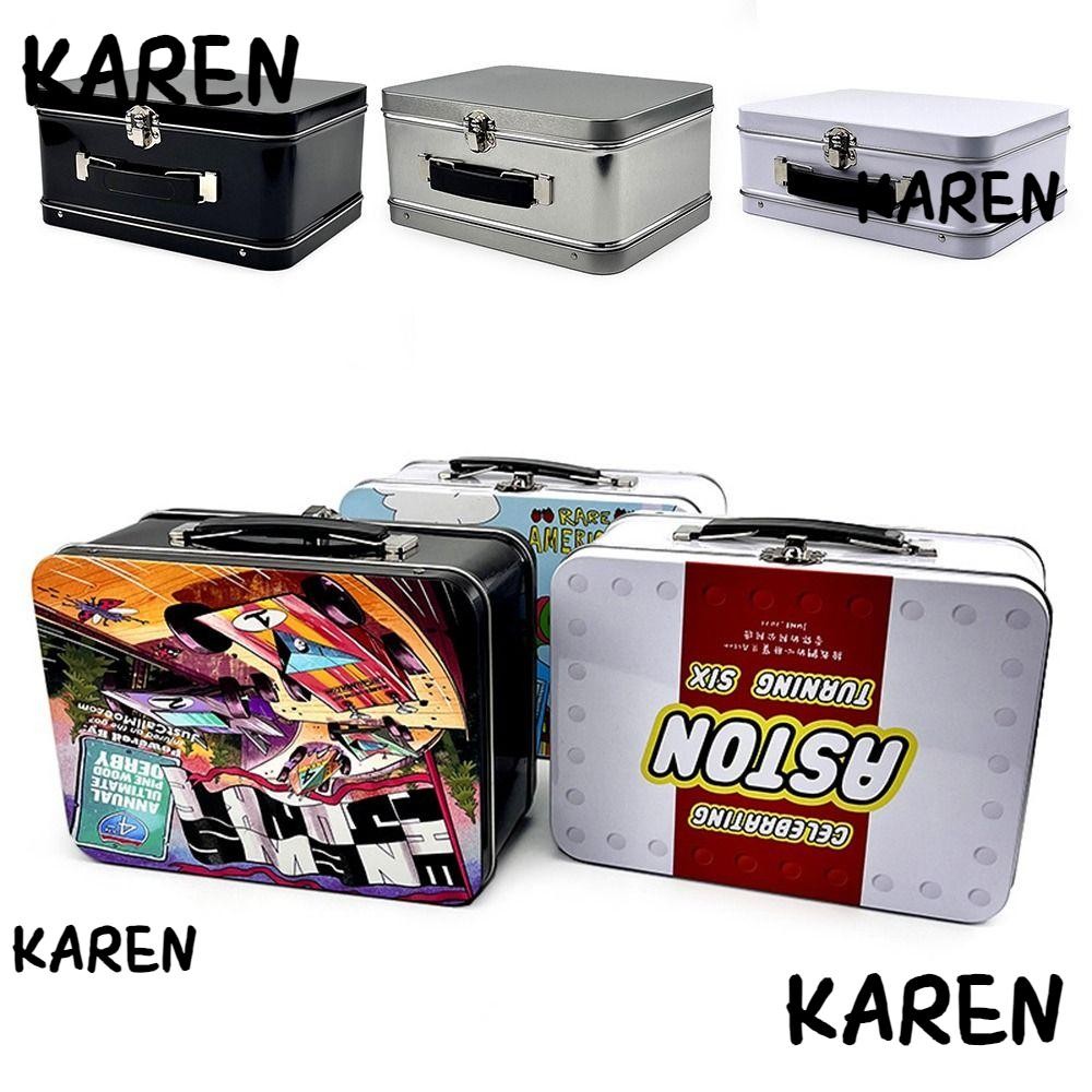 KAREN กล่องเหล็กมือถือสี่เหลี่ยมผืนผ้าสีขาวสีดําสีเงินกล่องเก็บของโลหะทนทานเหล็กวิลาดสมัยเก่ากล่องอาหารกลางวันขนมชาคุกกี้เค้กบิสกิต