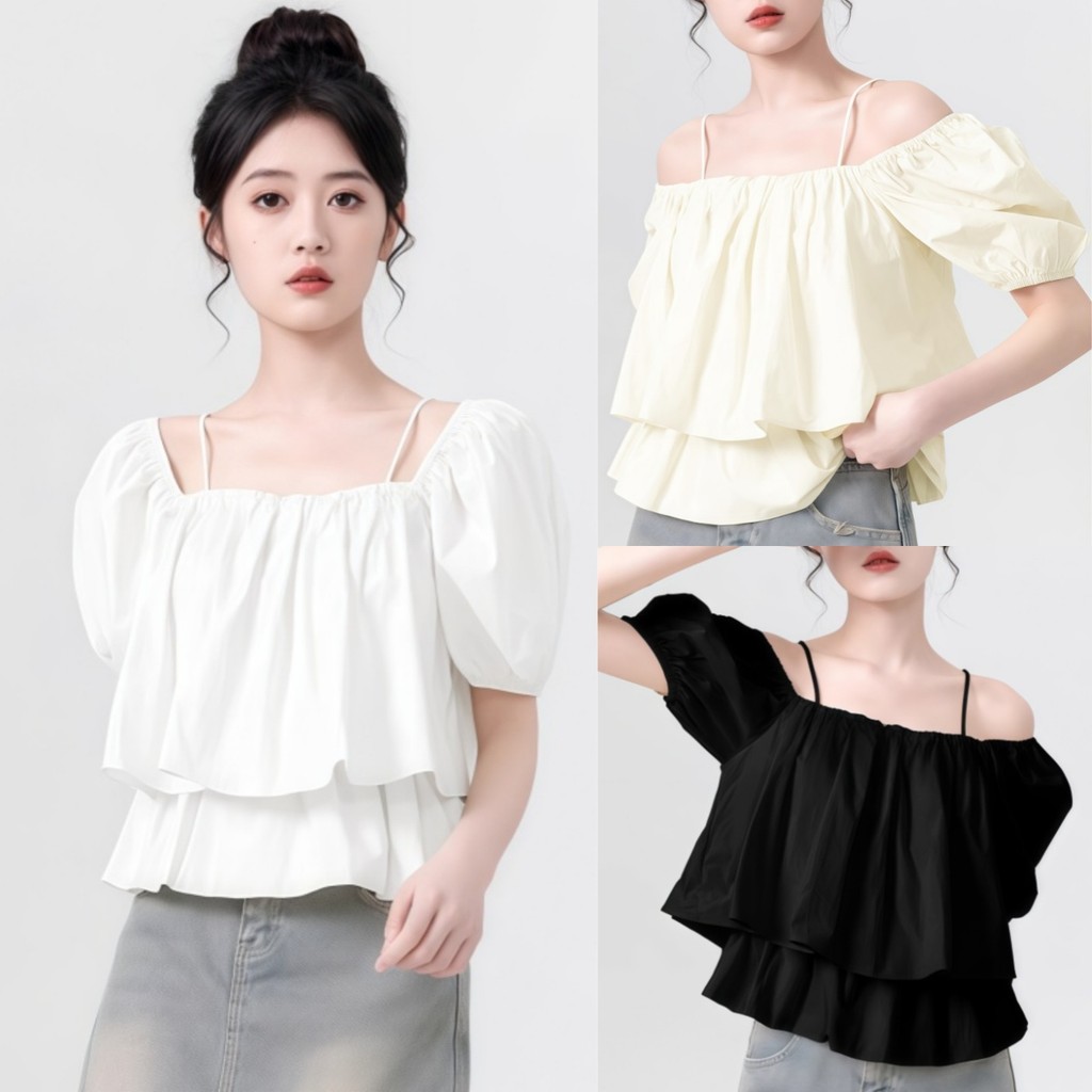 Suysuy พร้อมส่ง เสื้อครอป แขนตุ๊กตา แต่งสายเดี่ยว ทรงเลเยอร์ 2 ชั้น สไตล์เกาหลีเกาใจ ผ้าคอตตอน สม็อคอกยืดๆ