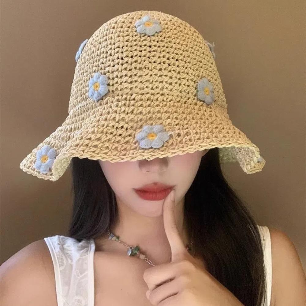 👒THETEAI หมวกฟาง, ดอกไม้เล็กๆแบบพับได้หมวกปานามา, กันแดดระบายอากาศหวานป้องกันรังสียูวีหมวกชาวประมงชายหาด - รูปที่ 2