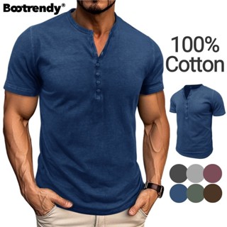 ผ้าฝ้าย 100% Henley เสื้อเชิ้ตแขนสั้นลําลอง Tshirt สําหรับผู…