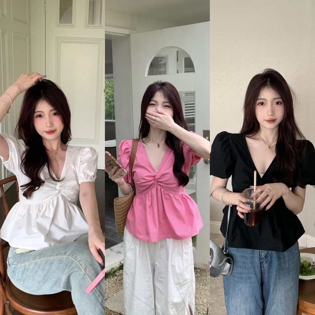 Chili Koko เสื้อแขนพองคอวีบิดสำหรับผู้หญิง เสื้อคอวีเปิดหลังแบบใหม่สำหรับฤดูร้อน w610