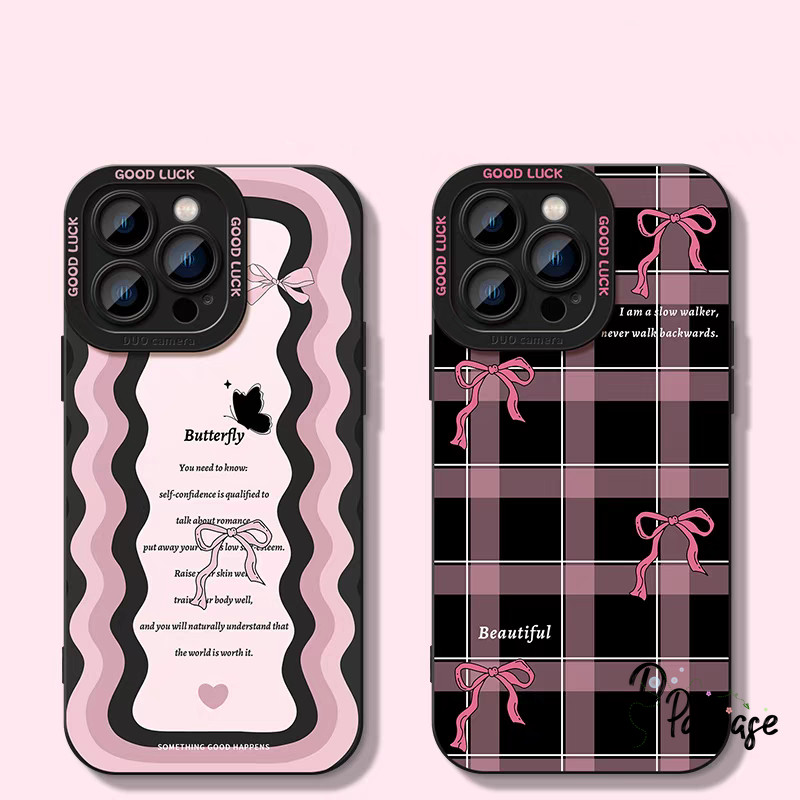 เคสไอโฟน16 สำหรับ IPhone 15 11 16 XR 13 14 12 Pro Max 7 8 16 15 Plus X XS Max SE 2020 เคสซิลิโคนลายโบว์สีชมพูหวานๆ คูลๆ