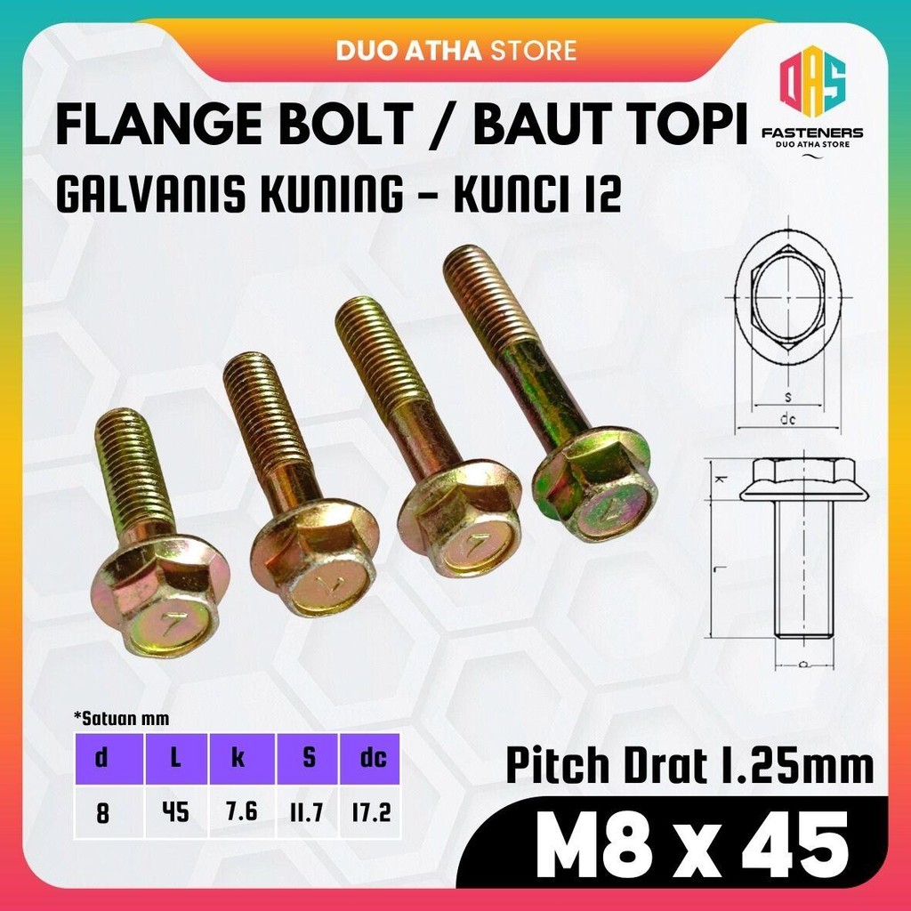 หน้าแปลน Bolt M8x45 / หน้าแปลน Bolt M8x45 / ฝาครอบ Bolt M8x45 สังกะสีกุญแจสีเหลือง 12