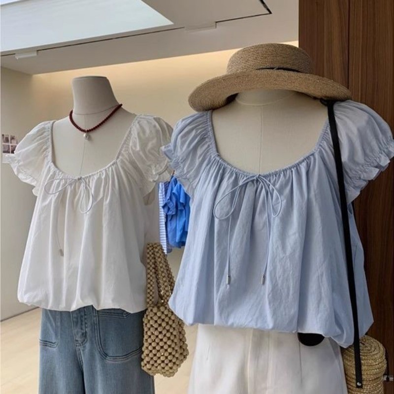 Mona~ปลอกคอสแควร์ สีทึบ ผูกขึ้น แขนสั้น เสื้อเชิ้ต สไตล์ใหม่