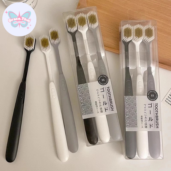 🍒Grace Thai🍒 แปรงสีฟันใหม่ สไตล์ญี่ปุ่น แบบมินิมอล เซท 3 ชิ้น แปรงสีฟันขนนุ่ม ทำความสะอาดล้ำลึก พร้อมส่ง