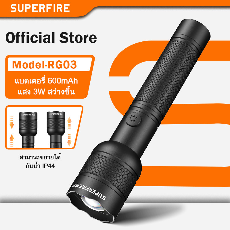 SUPERFIRE RG03 ซูมไฟฉายแบบพกพาไฟฉายระยะไกล USB ชาร์จโคมไฟฉุกเฉินกลางแจ้งอลูมิเนียมสําหรับ Camping